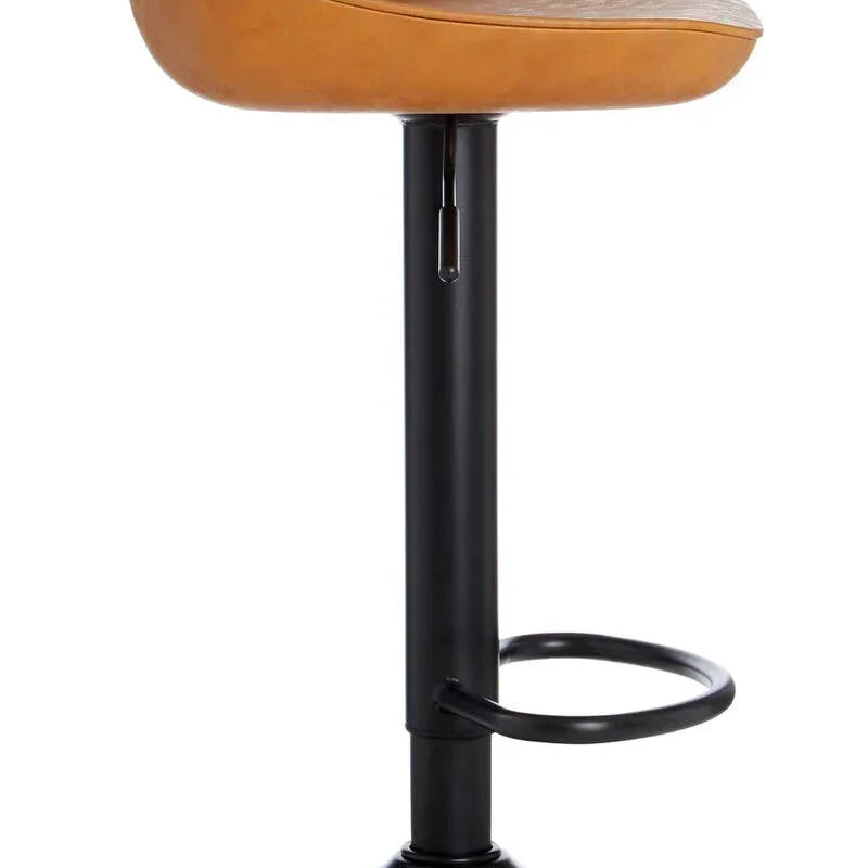 Tan swivel bar stool with curved faux leather seat and black pedestal base