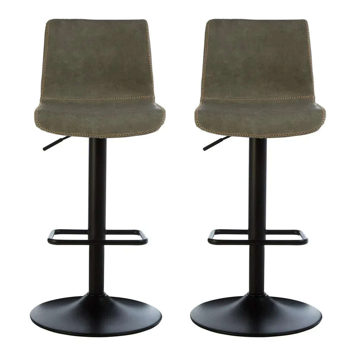 Pair of olive green bar stools with backrests, black metal base and footrest, front view
