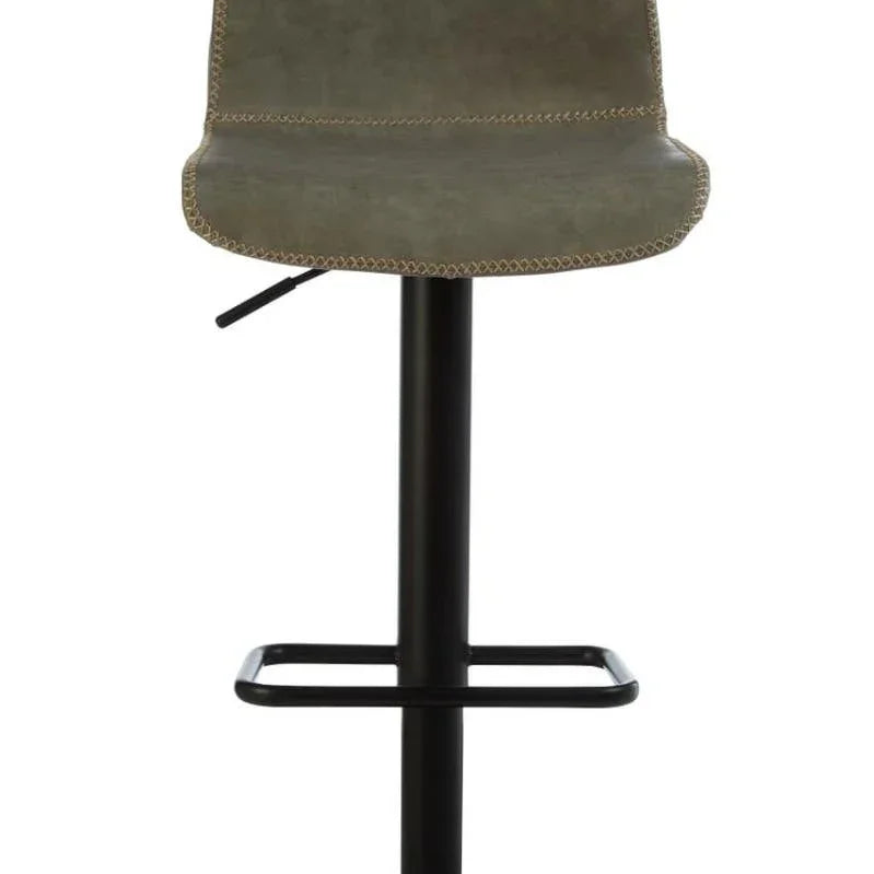 Grey faux leather bar stool with black metal base and footrest, front view
