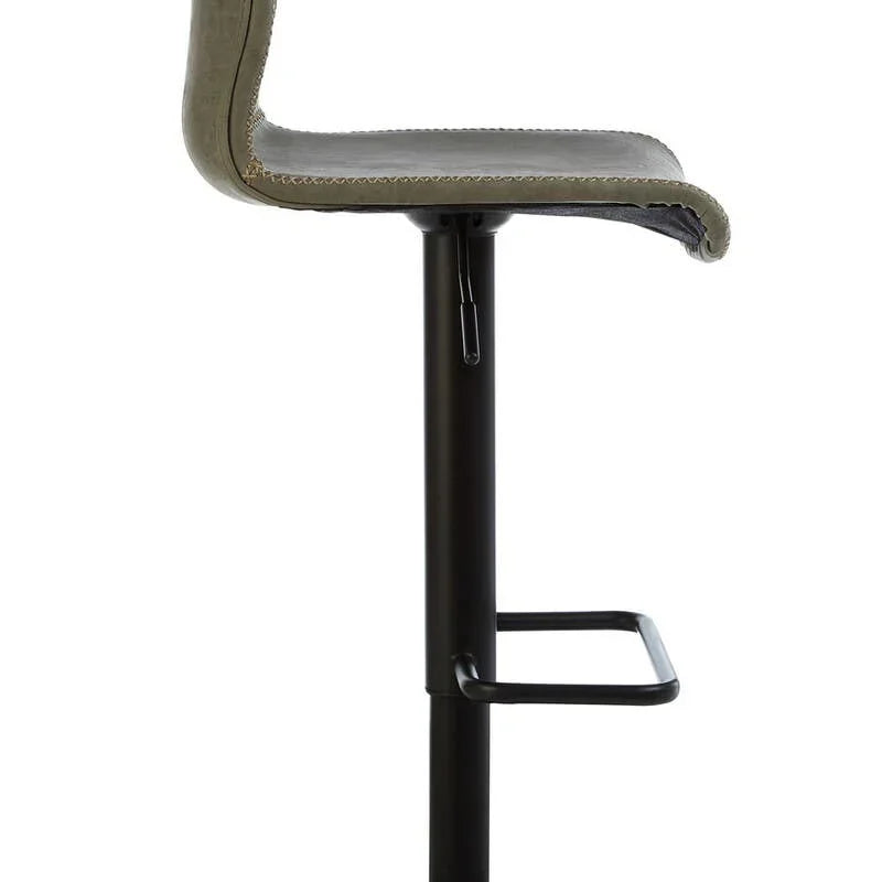 Grey bar stool with metal base and footrest, side profile view