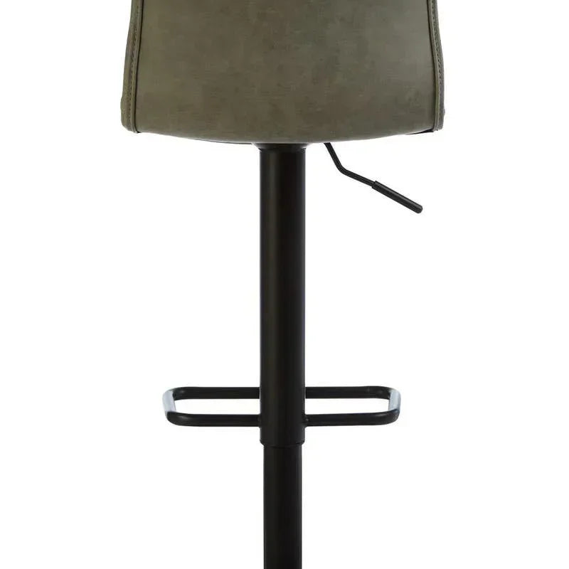 Back view of grey bar stool with metal base and footrest