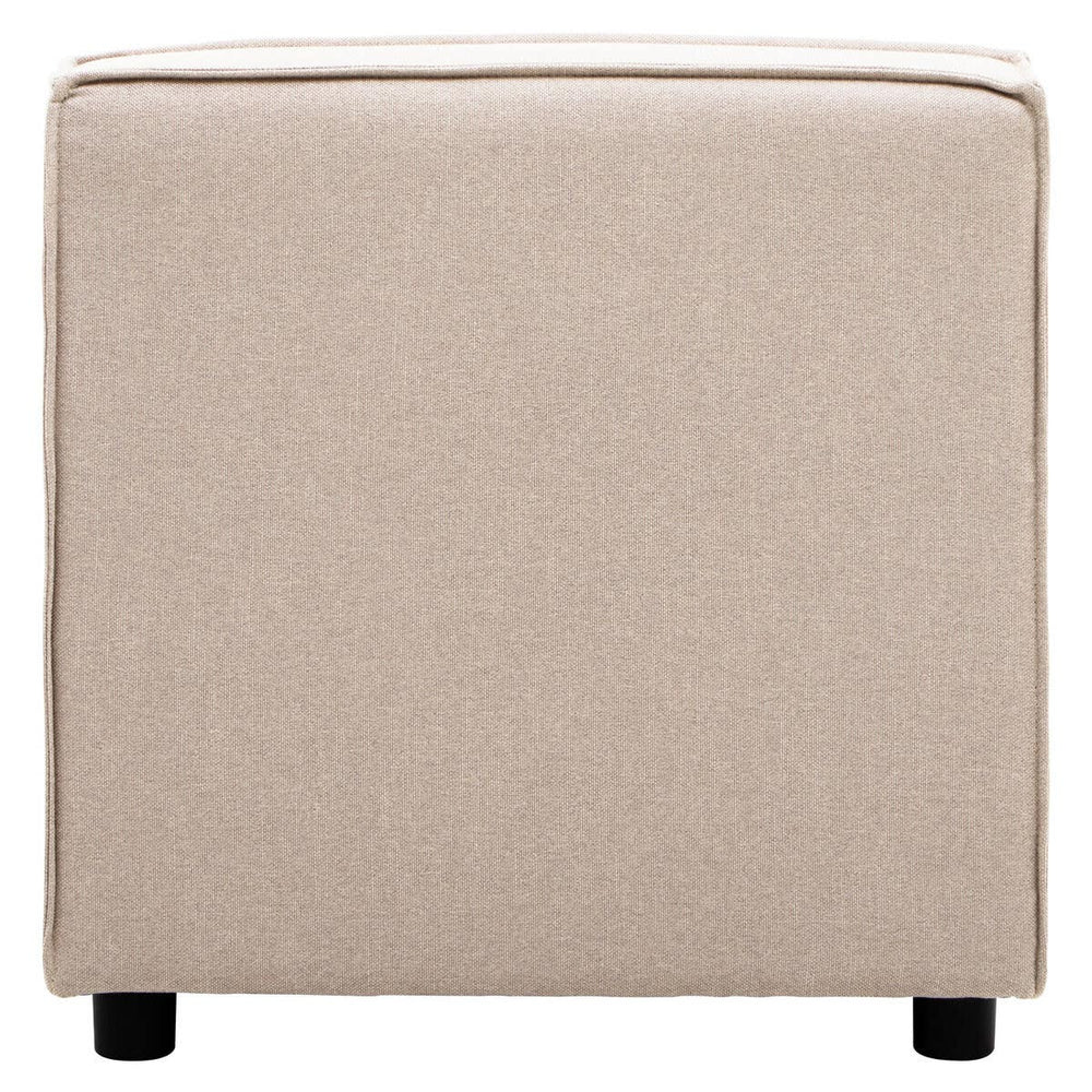 Armless modular sofa in a natural fabric, featuring a clean, minimalist design with a square shape and soft beige upholstery. The sofa is supported by short, dark legs, highlighting its contemporary style