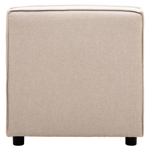 Armless modular sofa in a natural fabric, featuring a clean, minimalist design with a square shape and soft beige upholstery. The sofa is supported by short, dark legs, highlighting its contemporary style