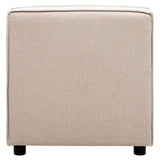 Armless modular sofa in a natural fabric, featuring a clean, minimalist design with a square shape and soft beige upholstery. The sofa is supported by short, dark legs, highlighting its contemporary style