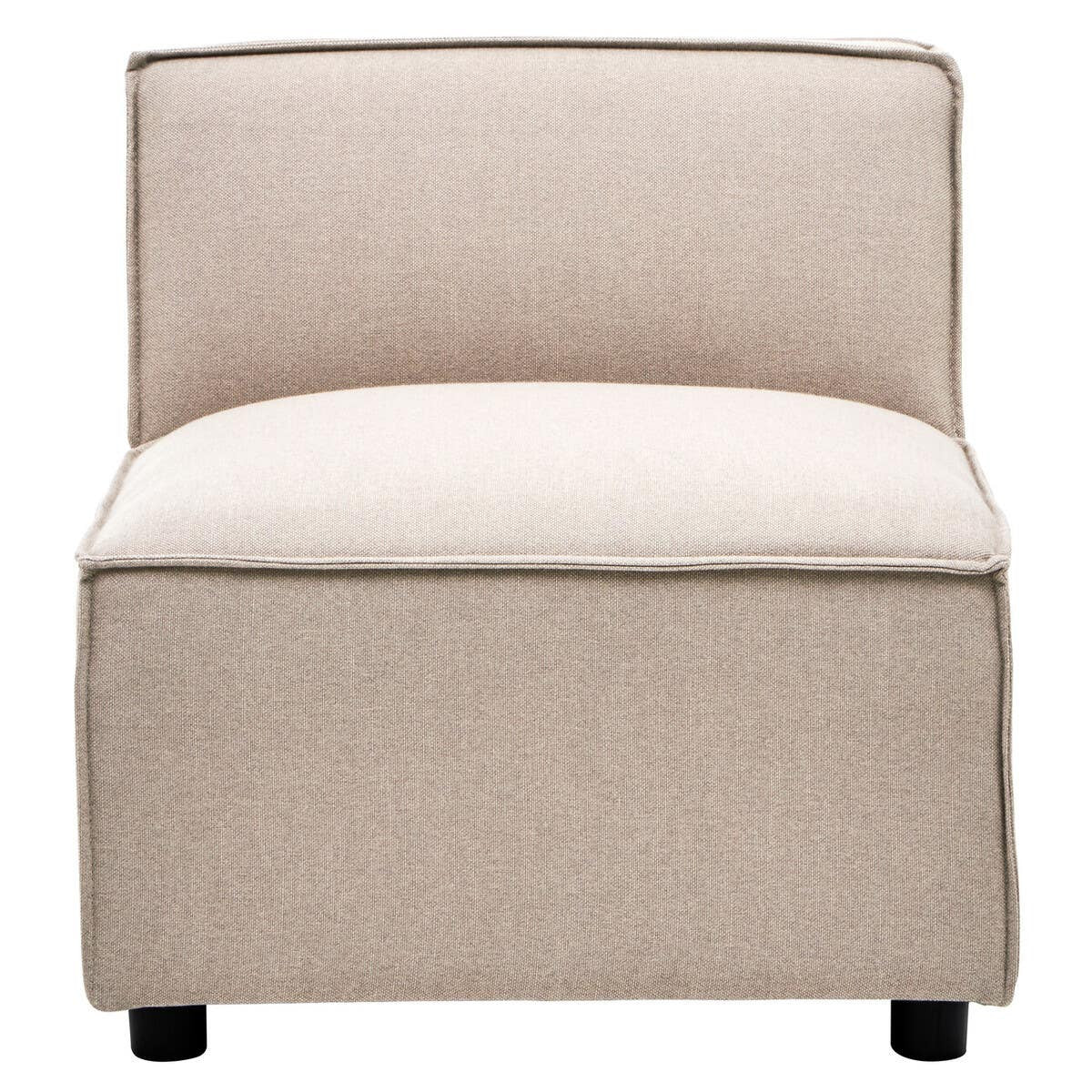 Armless modular sofa in natural fabric with a simple, modern design, featuring a cushioned seat and backrest, and black legs for stability
