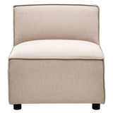 Armless modular sofa in natural fabric with a simple, modern design, featuring a cushioned seat and backrest, and black legs for stability