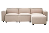 A modular sofa featuring a natural fabric upholstery in a light beige color, designed without arms for a sleek look. The sofa consists of three connected sections and a chaise lounge on one end, all resting on small black wheels for easy mobility. The overall design is modern and minimalist, suitable for various interior styles