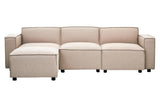 A modular sofa with a natural fabric upholstery, featuring an armless design and three connected sections. The sofa has a light beige color and rests on small black wheels for easy mobility. The cushions are plush and the overall structure is modern and minimalist