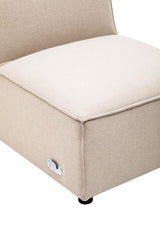 Armless modular sofa in natural fabric with a cream-colored seat cushion, featuring a clean, minimalist design and small black feet for support