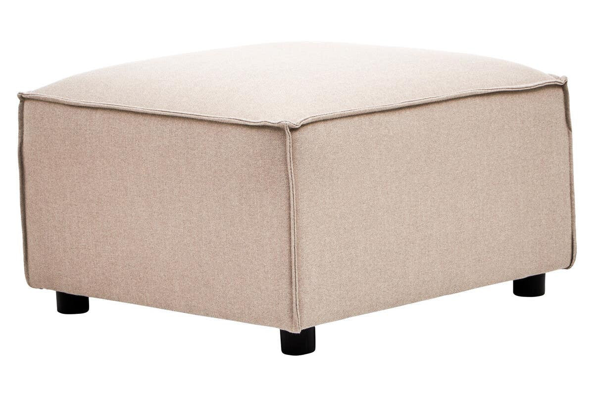 A square modular ottoman upholstered in natural fabric with a light beige color, featuring a clean design and four black legs