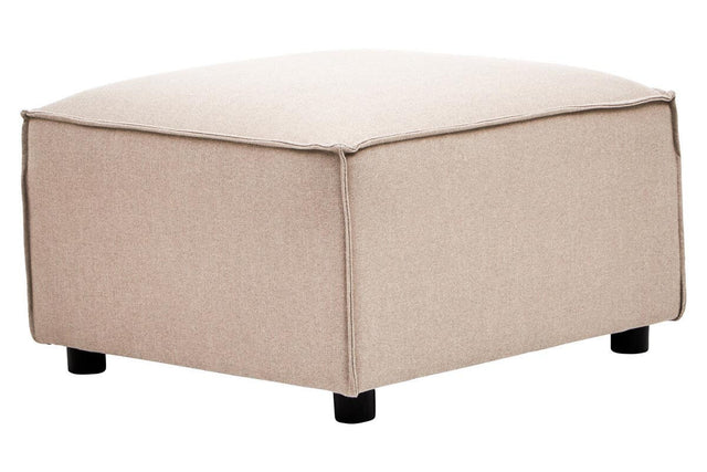 A square modular ottoman upholstered in natural fabric with a light beige color, featuring a clean design and four black legs
