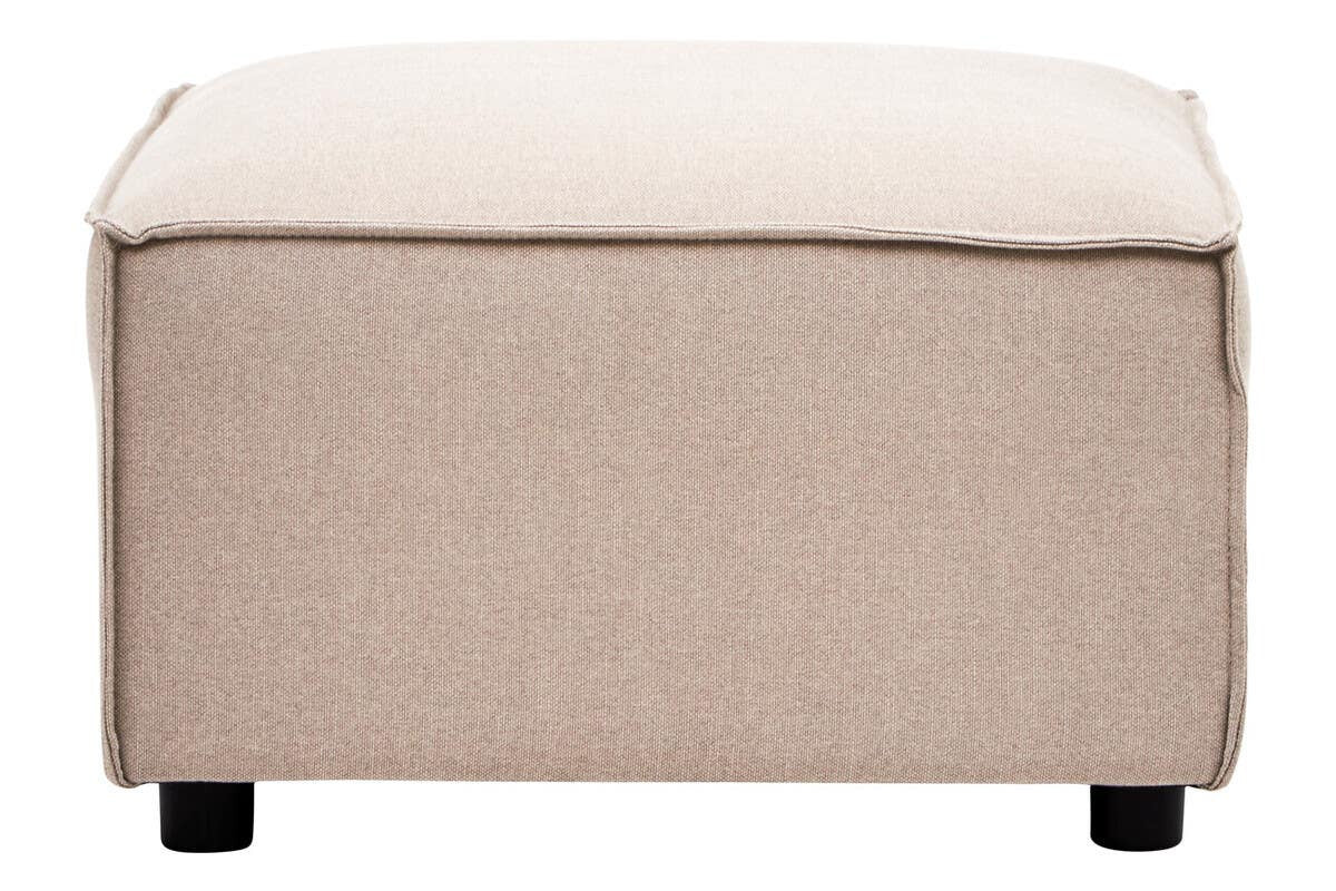Natural fabric modular ottoman in a light beige color, featuring a simple rectangular shape and rounded corners. The ottoman is supported by four short, dark wooden legs, providing a modern and versatile addition to home furniture