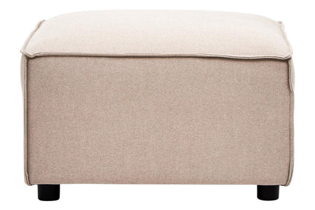 Natural fabric modular ottoman in a light beige color, featuring a simple rectangular shape and rounded corners. The ottoman is supported by four short, dark wooden legs, providing a modern and versatile addition to home furniture