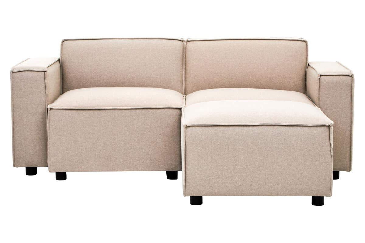 Modular ottoman in natural fabric featuring a light beige color, with two cushioned sections and a storage compartment. The ottoman has square armrests and is supported by small black legs