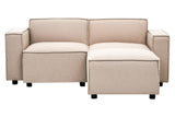 Modular ottoman in natural fabric featuring a light beige color, with two cushioned sections and a storage compartment. The ottoman has square armrests and is supported by small black legs