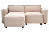 Modular ottoman in natural fabric featuring a light beige color, with two cushioned sections and square armrests, resting on small black legs