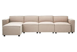 Modular ottoman in natural fabric featuring a contemporary design with clean lines, arranged in a sectional layout. The ottoman has a light beige color and is supported by small, dark legs, providing a modern aesthetic suitable for various living spaces