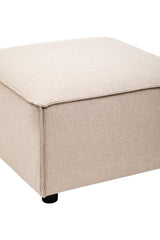 Square modular ottoman upholstered in natural fabric, featuring a soft, smooth surface and rounded corners. The ottoman rests on small black wheels for easy mobility
