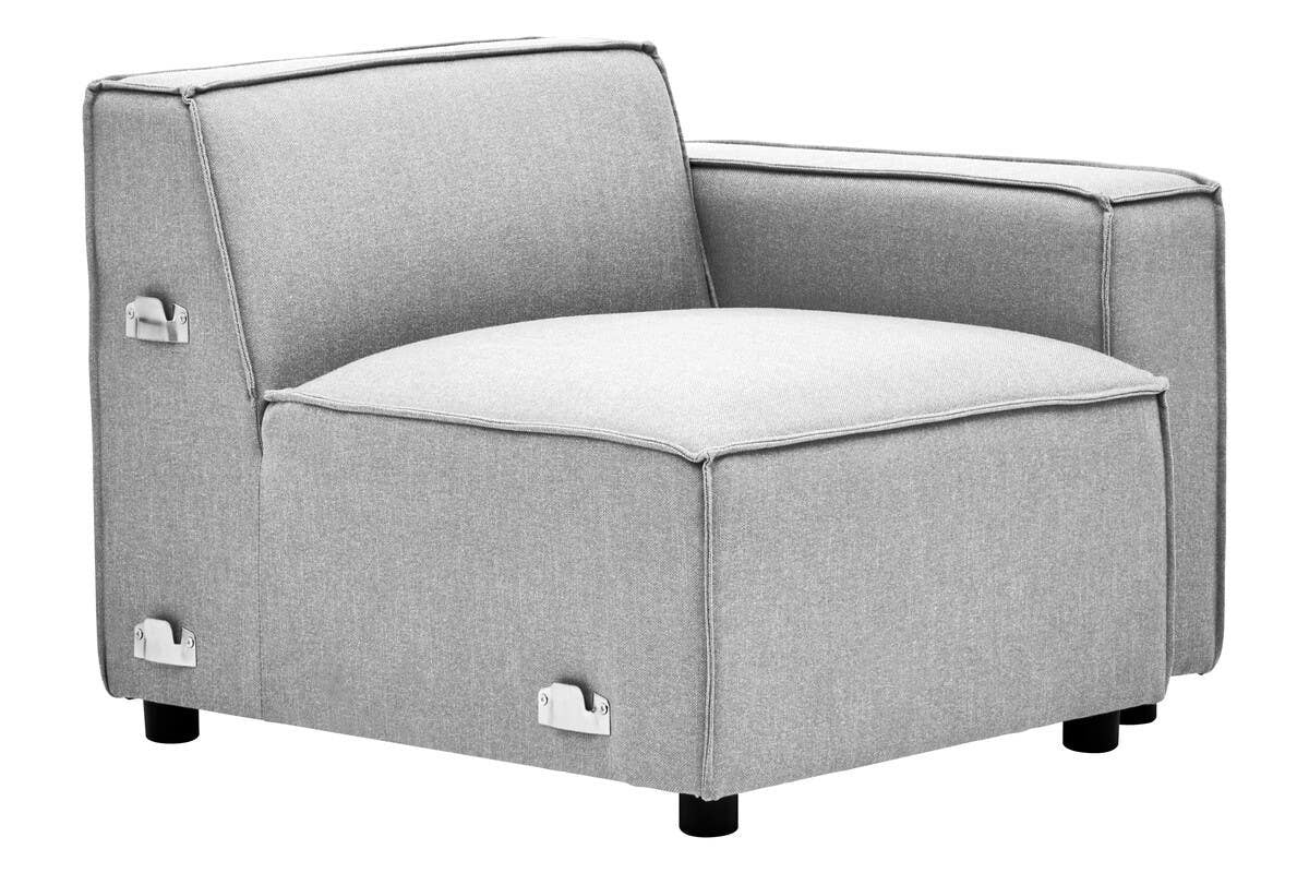 Right arm modular sofa in a soft grey fabric, featuring a contemporary design with clean lines and a spacious seat. The sofa has a low backrest and is supported by small black legs, making it suitable for modern living spaces