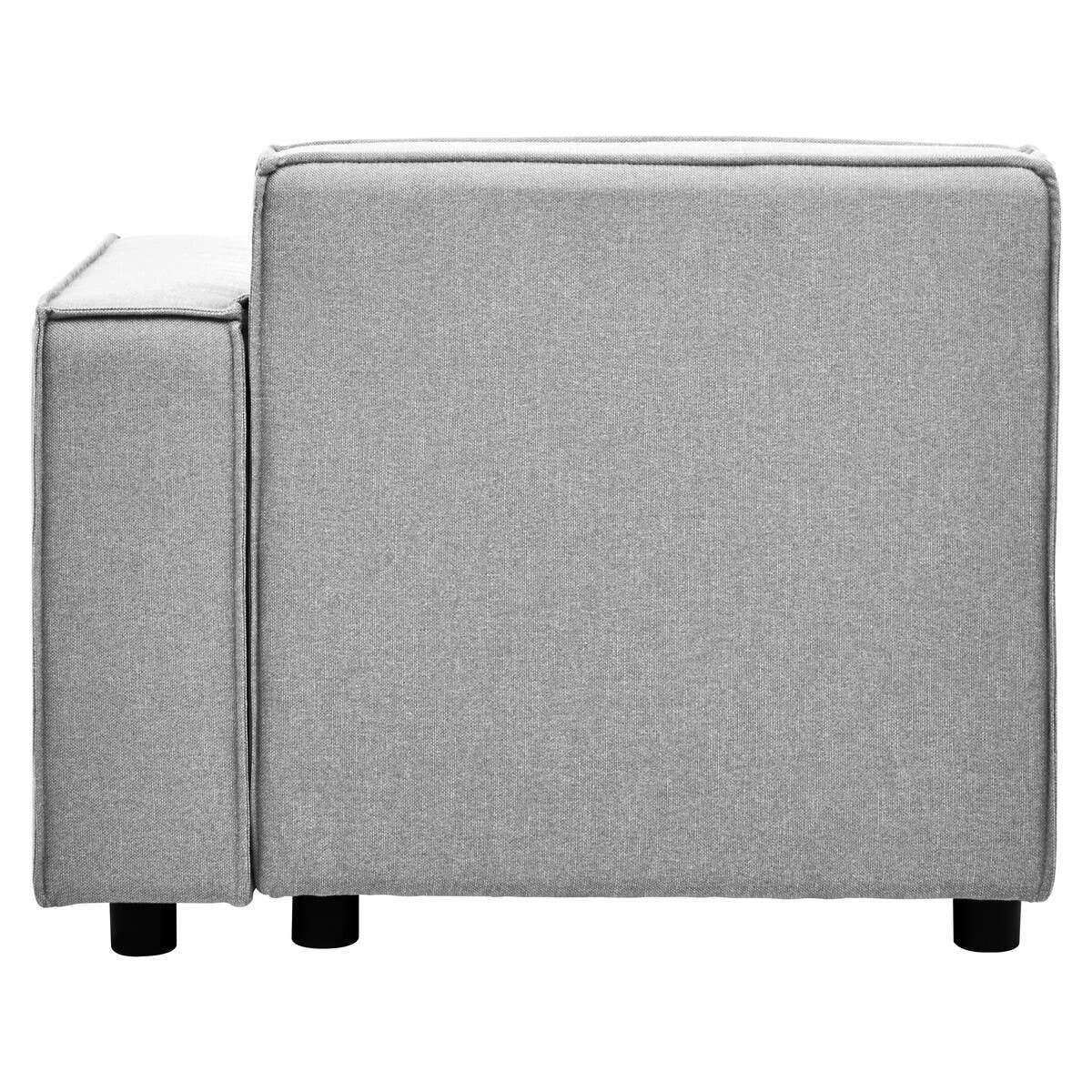 Right arm modular sofa in a soft grey fabric, featuring a clean, modern design with a square shape and minimalistic lines. The sofa has a sturdy base supported by four black legs, and a side armrest that adds to its contemporary look