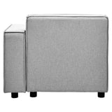Right arm modular sofa in a soft grey fabric, featuring a clean, modern design with a square shape and minimalistic lines. The sofa has a sturdy base supported by four black legs, and a side armrest that adds to its contemporary look