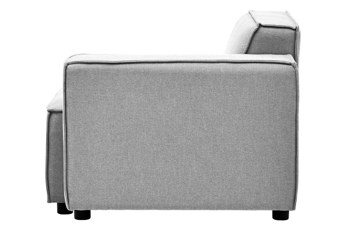Right arm modular sofa in a soft grey fabric, featuring a clean, modern design with a low back and armrest. The sofa is positioned at an angle, showcasing its sleek lines and minimalist aesthetic. The legs are hidden, giving it a floating appearance