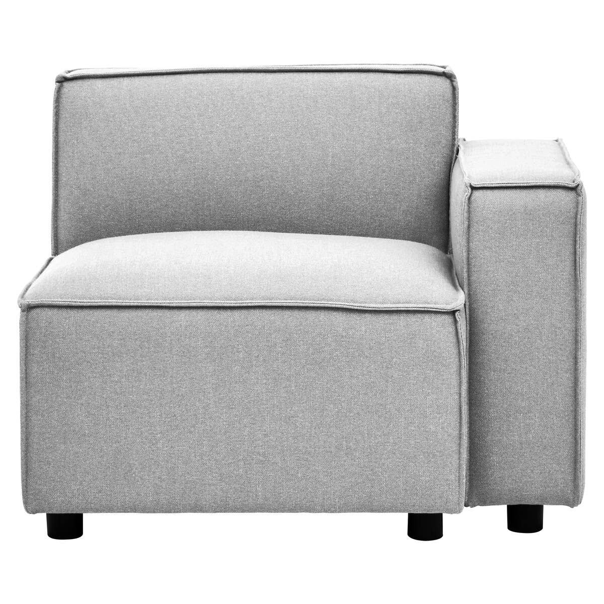 Grey fabric modular sofa with a right armrest, featuring a plush seat cushion and a tall backrest. The sofa has a minimalist design with clean lines and is supported by short, rounded black legs