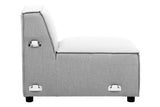 Armless modular sofa in a light grey fabric with a sleek design, featuring a low backrest and clean lines. The sofa has a minimalist aesthetic with a sturdy base and subtle detailing on the sides