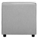 Armless modular sofa in a soft grey fabric with a clean, modern design, featuring a square shape and short black legs. The upholstery has a textured appearance, adding depth to the overall look