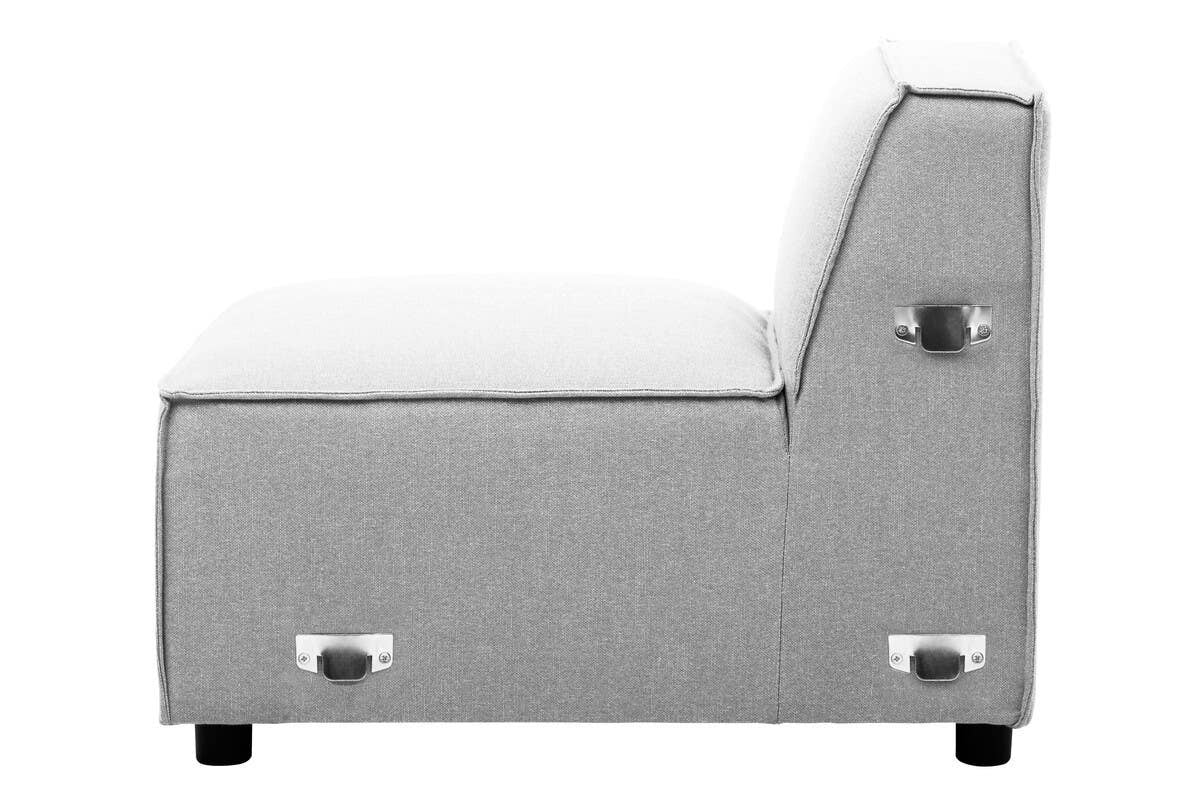 Armless modular sofa in grey fabric with a sleek design, featuring a low backrest and smooth upholstery. The sofa has a sturdy base with visible wheels for easy mobility