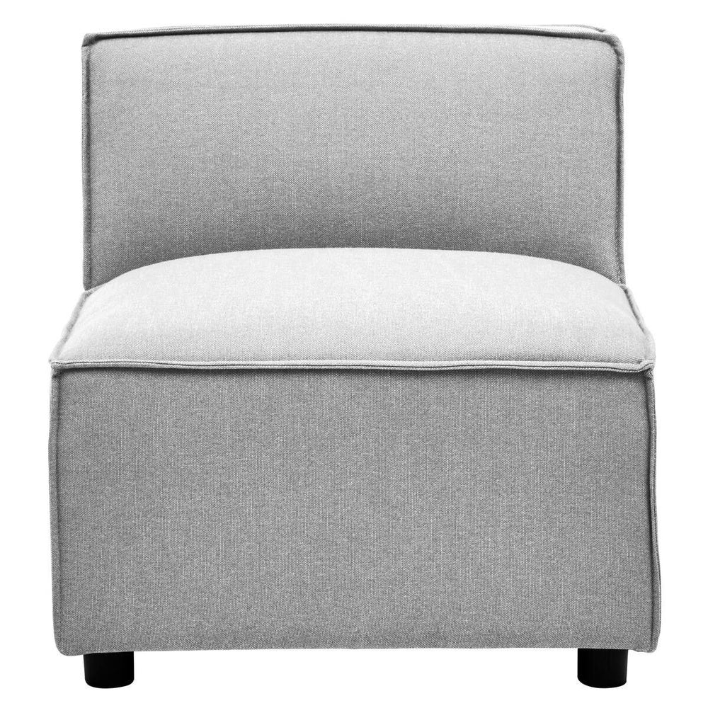 Armless modular sofa in a soft grey fabric with a clean, modern design, featuring a low backrest and a cushioned seat, supported by four black legs