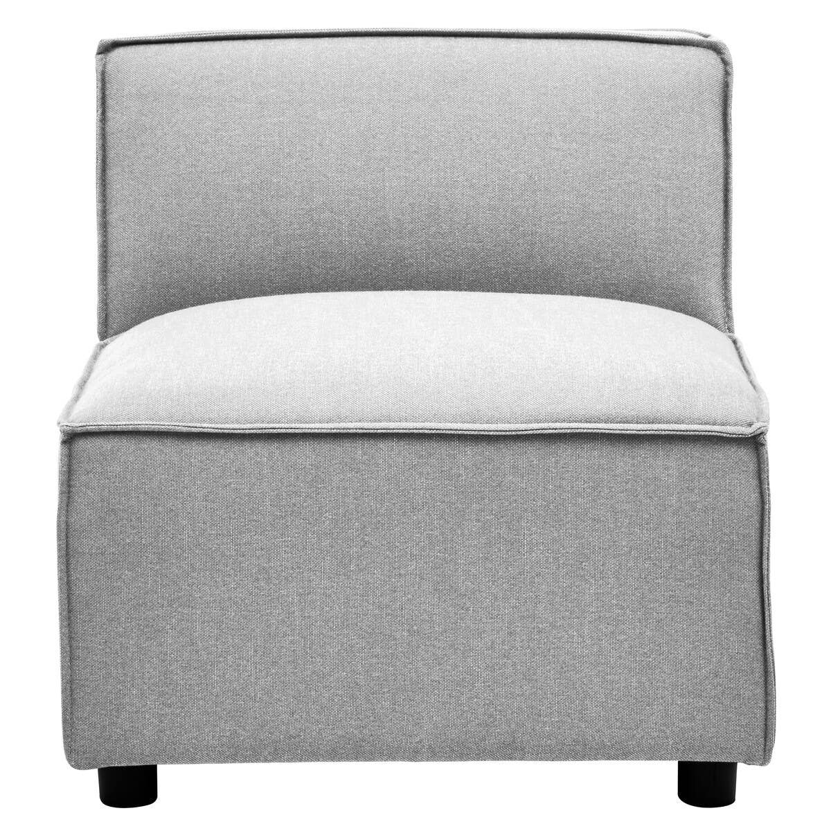 Armless modular sofa in a soft grey fabric with a clean, modern design, featuring a low backrest and a cushioned seat, supported by four black legs