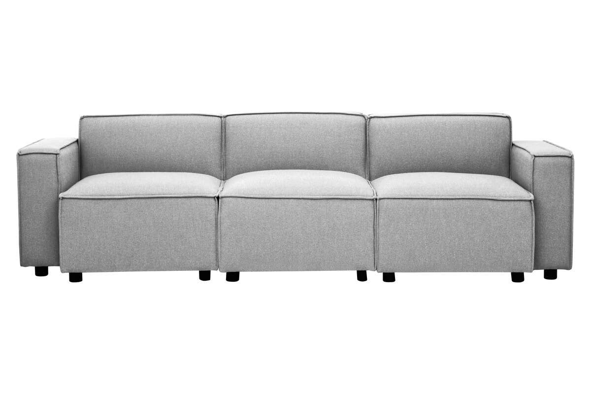 Grey fabric armless modular sofa featuring a sleek design with three cushioned sections and a minimalist aesthetic, supported by small black legs