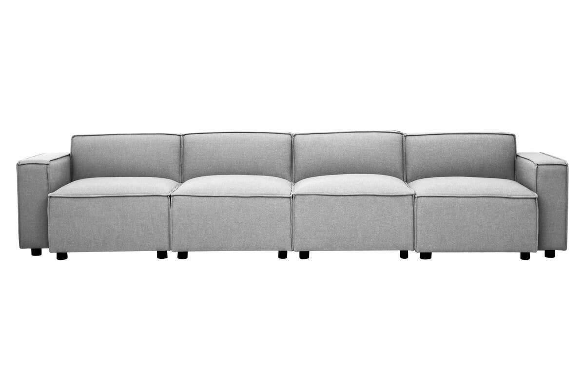 Grey fabric armless modular sofa featuring a sleek design with four connected sections and low-profile legs, suitable for modern living spaces