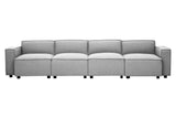 Grey fabric armless modular sofa featuring a sleek design with four connected sections and low-profile legs, suitable for modern living spaces