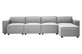Grey fabric modular sofa with an armless design, featuring four connected sections and a chaise lounge on one end. The sofa has a clean, modern look with square edges and sits on small, dark legs