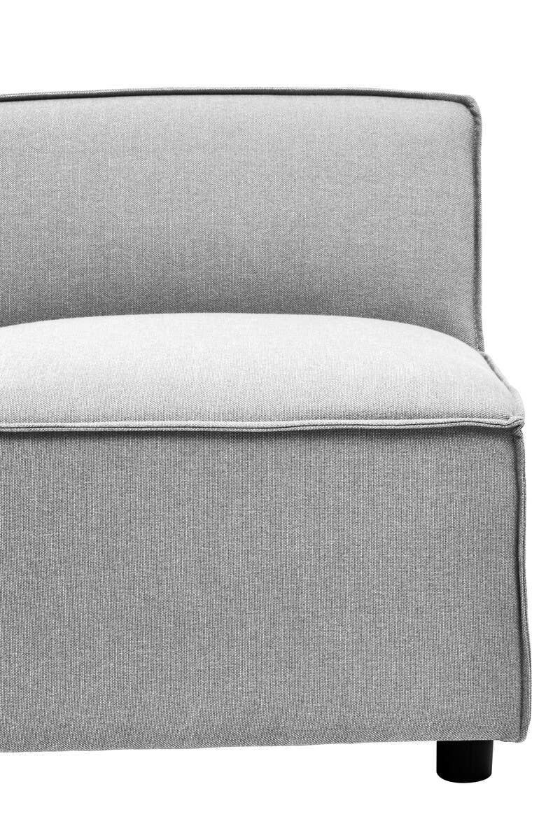 Armless modular sofa in a soft grey fabric with a clean, modern design, featuring a low backrest and a cushioned seat, resting on round black legs