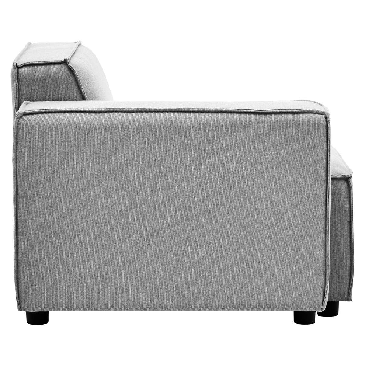 Left arm of a modular sofa upholstered in grey fabric, featuring a clean, modern design with a straight back and armrest. The sofa has a minimalist aesthetic with visible stitching details and sits on short, sturdy legs