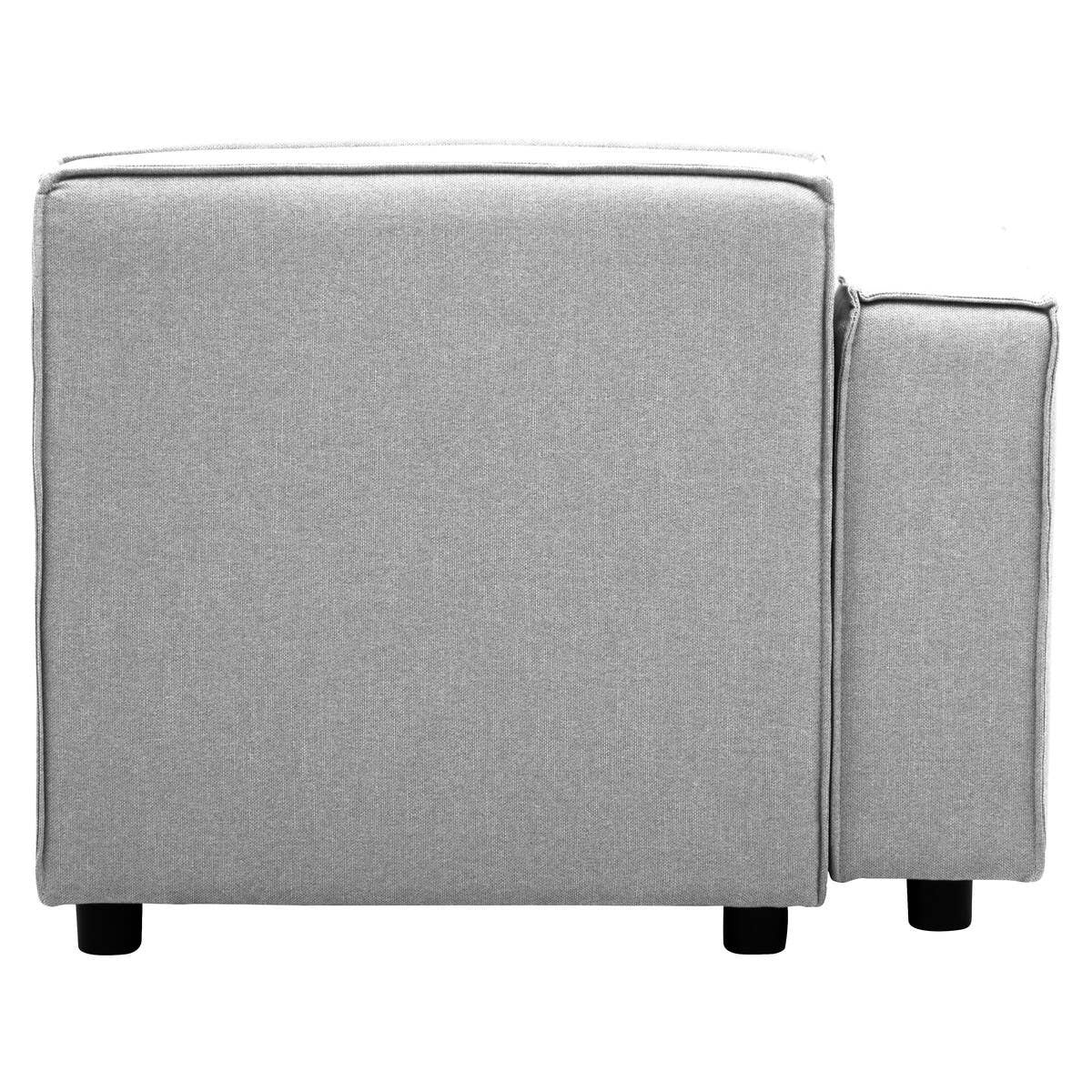 Left arm modular sofa in a soft grey fabric, featuring a clean, modern design with a low back and armrest. The sofa is supported by short, dark wooden legs, giving it a contemporary look. The upholstery appears smooth and inviting, suitable for various interior styles