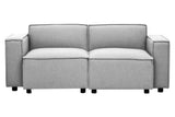 Left arm modular sofa upholstered in grey fabric, featuring two spacious seat cushions and two back cushions. The sofa has square armrests and sits on small black legs, showcasing a modern and minimalist design