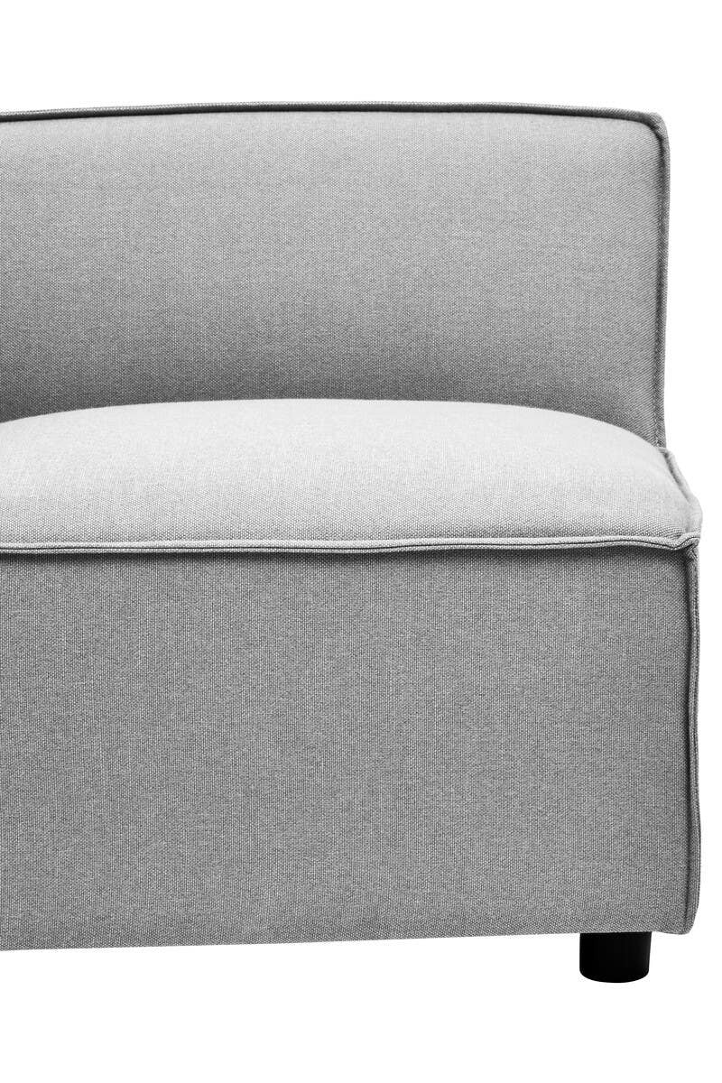Left arm section of a modular sofa upholstered in light grey fabric, featuring a smooth, cushioned seat and a slightly curved backrest. The base is solid and includes small black feet for stability