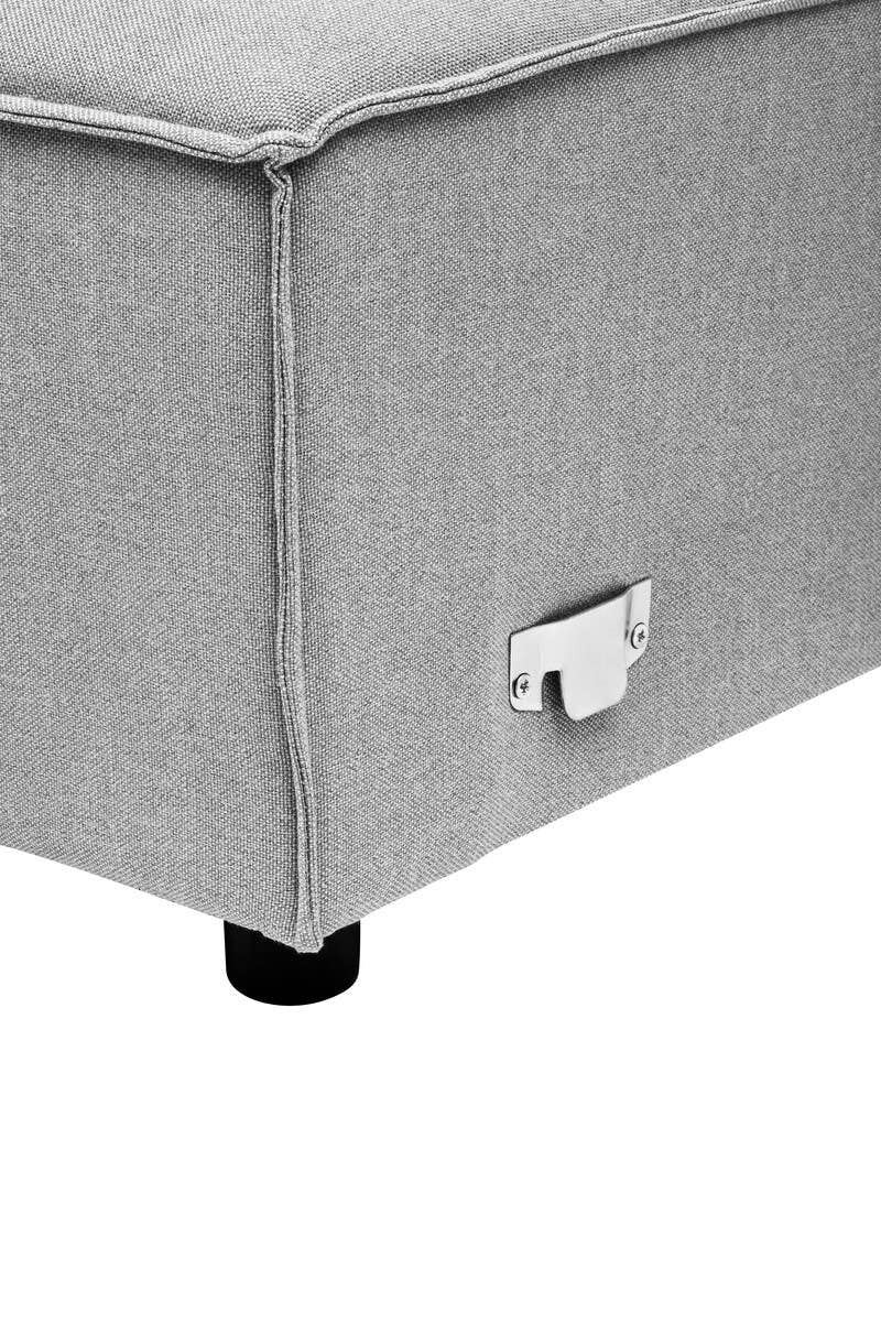 Grey fabric modular sofa with a left arm, featuring a sleek design and a shiny metal accent on the side, supported by a black leg