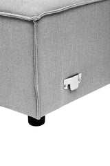 Grey fabric modular sofa with a left arm, featuring a sleek design and a shiny metal accent on the side, supported by a black leg