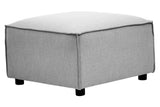 Grey fabric modular ottoman with a square shape, featuring a smooth top surface and rounded corners, supported by four black legs. The ottoman has a clean, modern design suitable for various home decor styles