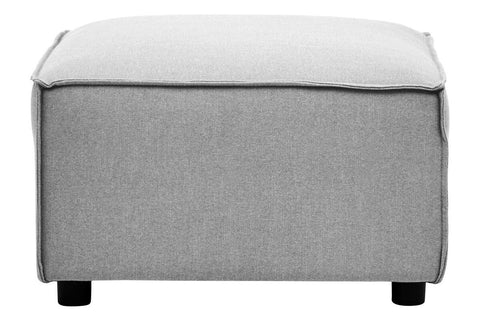 Grey fabric modular ottoman with a smooth top and contrasting trim, featuring short black legs for stability