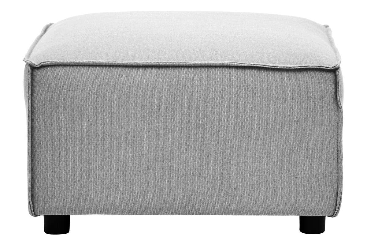 Grey fabric modular ottoman with a smooth top and contrasting trim, featuring short black legs for stability