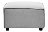 Grey fabric modular ottoman with a smooth top and contrasting trim, featuring short black legs for stability