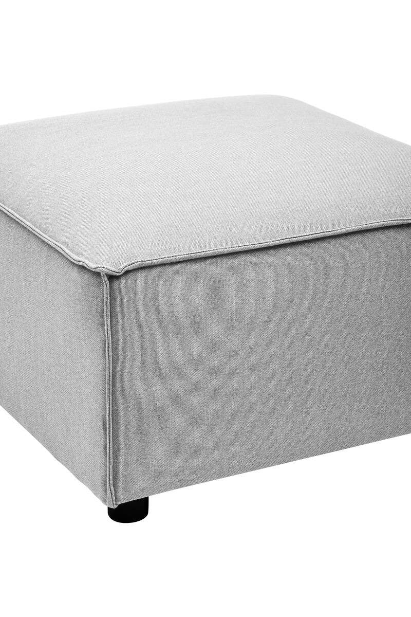 Square modular ottoman upholstered in light grey fabric, featuring a smooth top surface and rounded corners, supported by small black feet