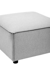 Square modular ottoman upholstered in light grey fabric, featuring a smooth top surface and rounded corners, supported by small black feet