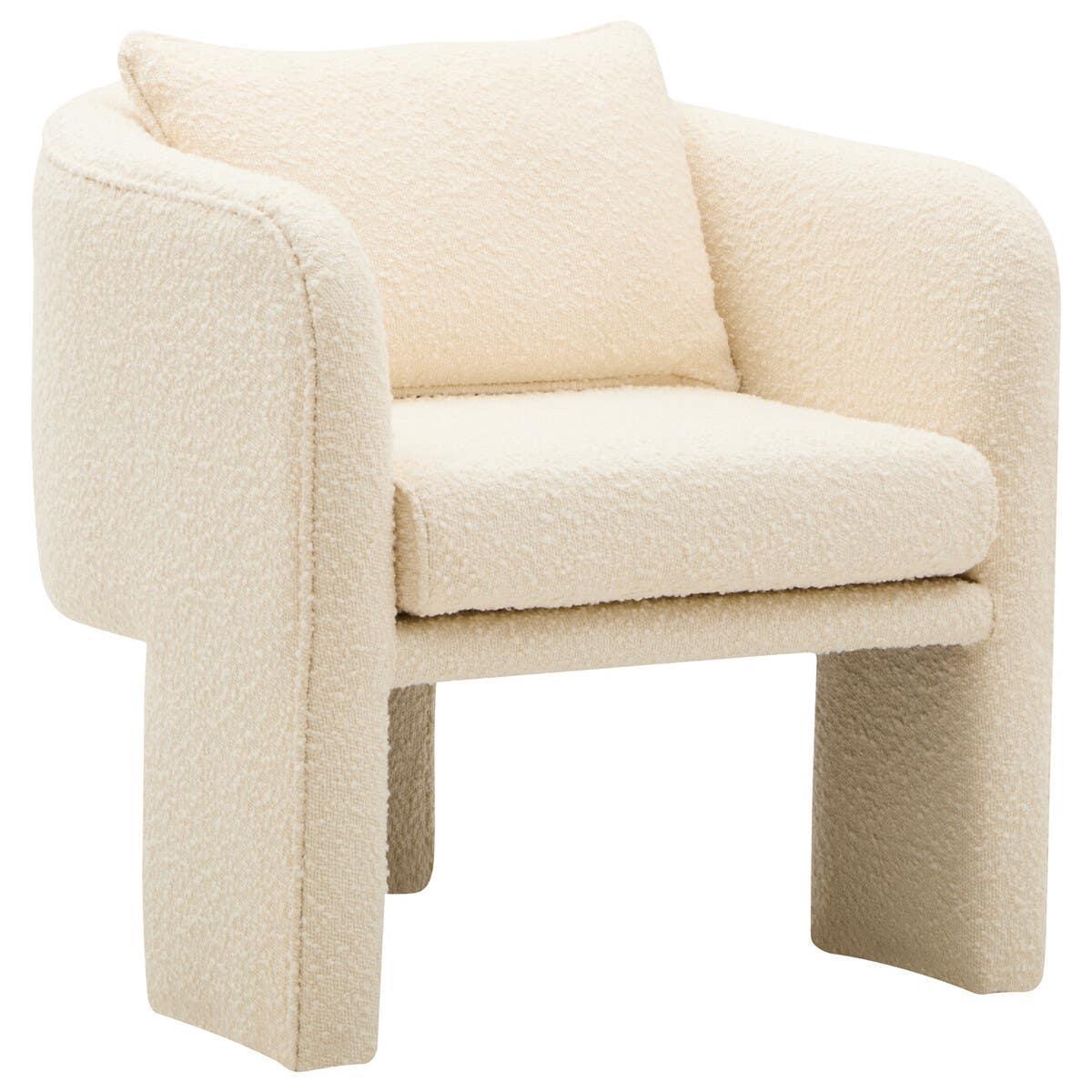 Cream boucle accent armchair with cushion and rounded arms, front angled view